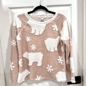 NWT Chelsea & Theodore Polar Bear Sweatshirt Pullover Pink Faux Fur Cozy